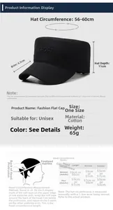 Size chart showing 56-60cm circumference and measurement guide for cotton sport flat top cap
