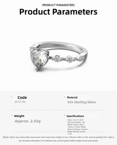 Detailed view of S925 sterling silver ring with 1.25ct heart-shaped 5A zircon stone