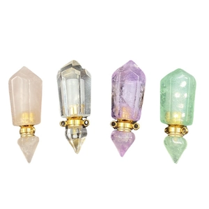 Hexagonal cone perfume bottle necklace pendants in rose quartz and clear crystal