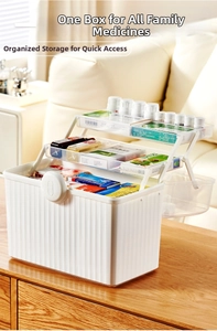 Three-layer folding home medicine storage box with tiered compartments in domestic setting
