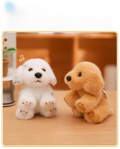 Detail of plush puppy keychains in white and light brown with realistic paw pad textures