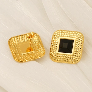 Vintage gold checkered earrings with square black gemstone and butterfly backings