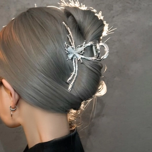 Detail of silver y2k metal butterfly hair claw clip worn on grey hair