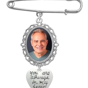Silver custom photo pin brooch with oval frame and heart charm engraved you are always in my heart