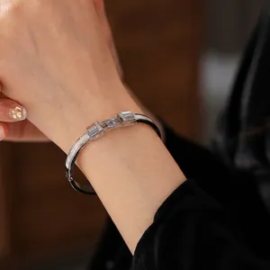 Minimalist silver titanium steel T-shaped cuff bracelet with pave-set zircon crystals