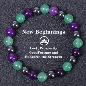 Dettaglio del bracciale di perle in apatite blu e turchese con testo New Beginnings
