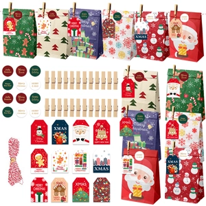 Christmas gift bag set including 24 paper bags, clips, tags, stickers and cotton rope