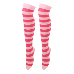 Detail of pink striped over-knee socks in soft knit material with vibrant color bands