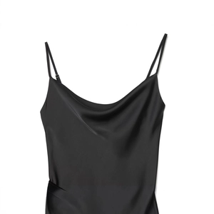 Elegant black satin slip dress featuring adjustable thin straps and a draped neckline