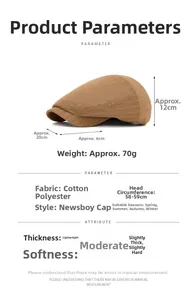 Guide des tailles pour casquette plate marron rayée avec détails du tissu et mesures