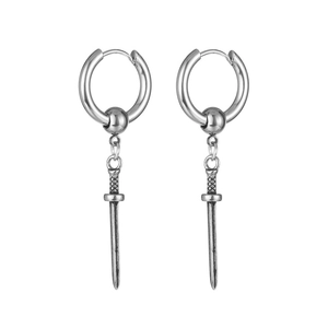 Vintage stainless steel sword drop earrings for men with a silver punk dagger design