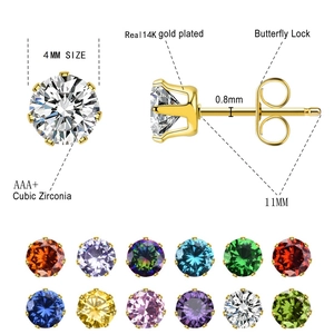 12 pairs of 4mm cubic zirconia stud earrings set with 14K gold plating and butterfly back