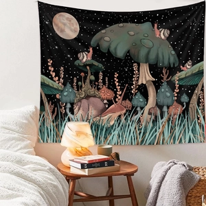 Cosy bedroom scene featuring a mushroom and snail tapestry hanging above a bed