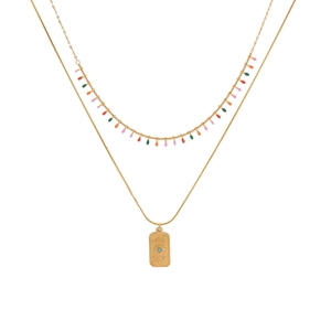 Double-layered gold necklace with colorful beads and rectangular celestial motif pendant