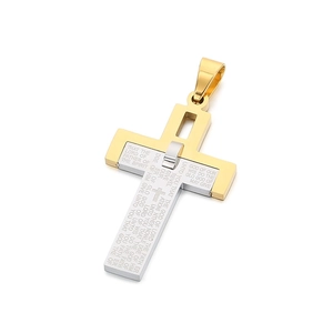 Polished silver and gold tone stainless steel cross pendant with engraved prayer text