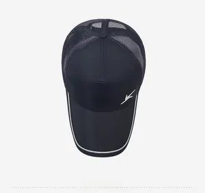 Top down view of breathable mesh baseball cap in navy blue with side logo and white trim