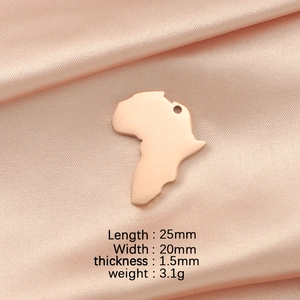Detailed dimensions of rose gold Africa map pendant on soft satin background
