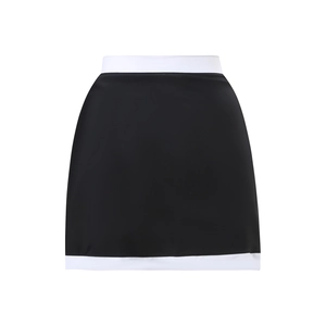 Detail of high-waist A-line mini skirt with contrast white stitching on black fabric