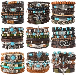 Detailed grid of vintage Viking leather bracelets with turquoise beads and metal charms
