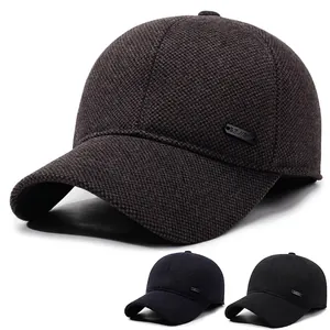 Men Winter Baseball Cap With Ear Protection Warm Wool Blend Windproof Adjustable Textured Outdoor Sport Hat