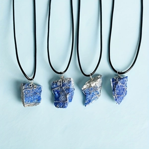 Natural raw crystal stone pendants with wire wrap and black cord necklace