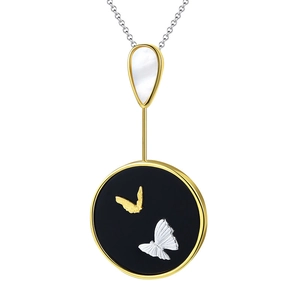Elegant gold butterfly pendant on black enamel with white shell drop and silver chain
