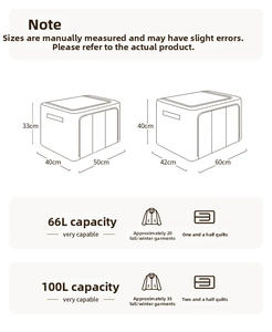 Detailed size chart for 66L and 100L linen storage boxes with steel frame dimensions