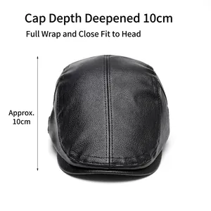 Classic black leather flat cap for men with 10cm deep fit and high-quality stitching