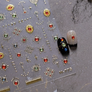 5D embossed nail stickers M-775 with gold sun and moon patterns and faux gems
