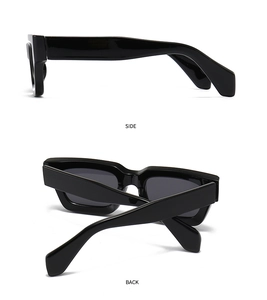 Detail view showing side and back profiles of black chunky irregular sunglasses