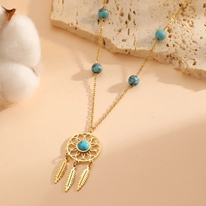 18K gold plated necklace with hollow circular dreamcatcher pendant and turquoise beads