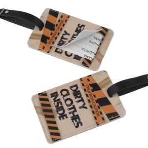 Beige PU leather luggage tag set with caution print and info card slot