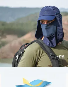 Detailansicht des dunkelblauen Outdoor-Sonnenschutzhuts mit Maske und Nackenschutz