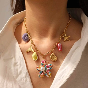 Golden stainless steel necklace with colorful enamel sea life and flower pendants for women