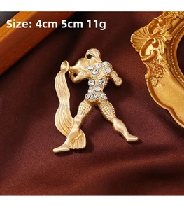 Detailed view of Aquarius zodiac brooch with rhinestones, size 4x5cm and weight 11g