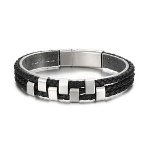 Men's double-braided black leather bracelet with stainless steel sliders and magnetic clasp