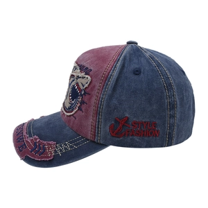 Close-up of vintage distressed baseball cap with shark patch and anchor embroidery detail