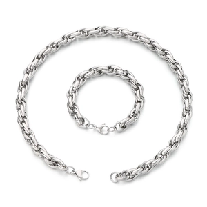 Polished silver stainless steel twist chain necklace and bracelet set with lobster clasp