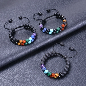 Set of 3 chakra bead bracelets with lava stone and matte black beads with adjustable cord