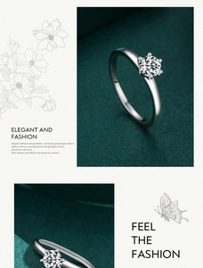 Detailed view of silver six-prong cubic zirconia ring on a green textured background