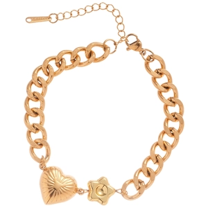 Golden stainless steel heart and star charm bracelet with lobster clasp on white background
