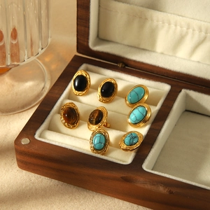 Boucles D Oreilles Puces Ovales Pierre Naturelle Turquoise Rétro Acier Inoxydable Plaqué Or Pour Femmes Accessoire Bijoux Élégant