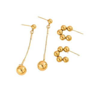 Gold stainless steel jewelry set featuring drop bead chains and C-shaped ball hoop earrings