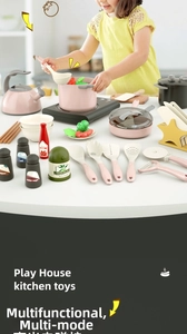 Detailed set of pink kitchen toy utensils, seasoning bottles and play food for kids