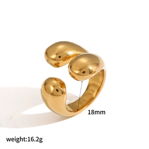 Detailed view of golden 18K gold-plated stainless steel teardrop ring with 18mm size mark