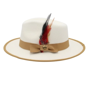 White wool felt fedora hat with khaki ribbon bow and natural feather accent on side