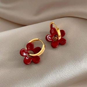 Boucles D'oreilles Pendentif Fleur Vintage Cuivre Or Rouge Émail Goutte D'huile Boucle Anneau Pour Femmes Style Français Élégant