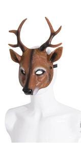 Detailed view of realistic brown deer mask with antlers for Halloween party costumes