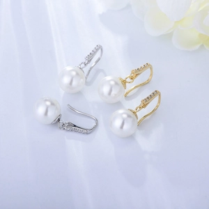 Elegant 925 silver pearl drop earrings with sparkling zircon accents in gold and silver finish