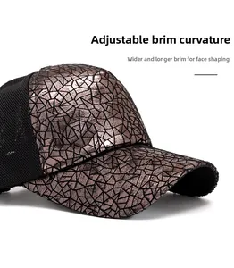 Detail of sequin baseball cap showing foldable brim and widened sunshade design